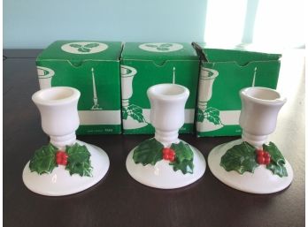 Set Of 3 Vintage Holly Candle Holders