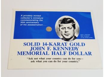 Vintage John F. Kennedy Memorial 14K Solid Gold Miniature Half Dollar With Info