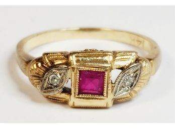 14k Yellow Gold Antique Diamond & Ruby Ring