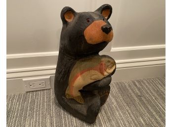 Adorable Wood Carved Bear Holding Fish