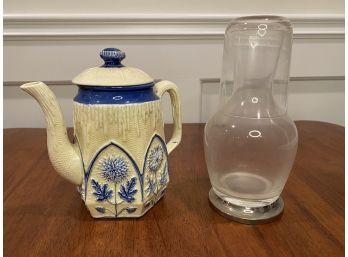 Beautiful  Unusual Wedgwood Blue And White Ceramic Teapot And Bedside Water Decanter And Glass