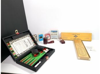 Vintage Cribbage , TWA Airline Cards , Backgammon And Leather Cased Dice