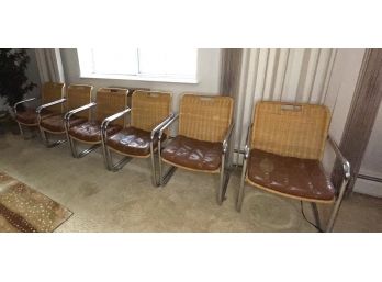Six Chromcraft Armchairs Brown Tufted Vinyl Seat & Wicker Backrest Mid-Century Modern 1970