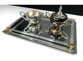 International Silverplate Creamer And Sugar In Boxes . Mirrored Serve Tray