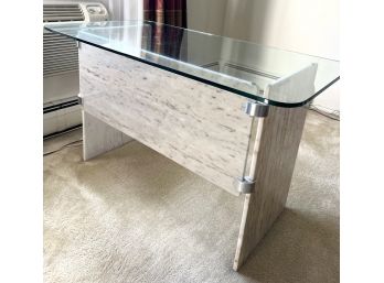 Italian Travertine Marble & Brushed Metal Hardware With Glass Top Pedestal Desk