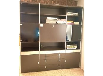 Wall Unit Storage Bar And Lighted Display  Dark Brown With Stainless Accents