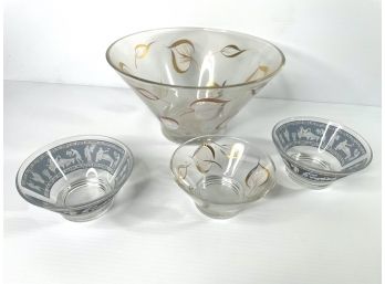 Greek Hellenic Key Pattern Bowls And Vintage Mid Century 22kt Gold Fred Press Mod Leaf Glass Bowls