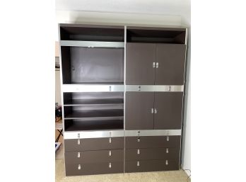 Wall Unit Storage And Lighted Display  Dark Brown With Stainless Accents