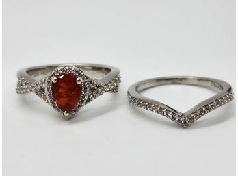 Fire Opal & White Zircon Rings In Platinum Over Sterling