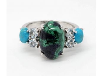 Blue Azumalachite, Rhodium Over Sterling Ring With Blue Topaz & Turquoise