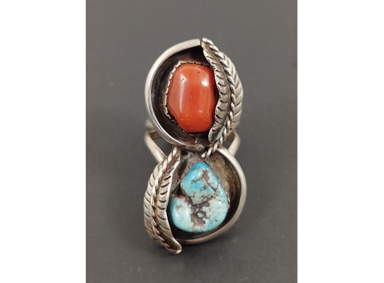 VINTAGE NATIVE AMERICAN STERLING SILVER TURQUOISE & CORAL RING