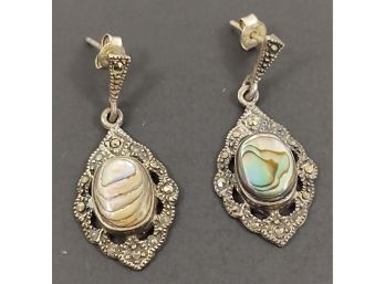 VINTAGE MEXICAN STERLING SILVER ABALONE MARCASITE EARRINGS