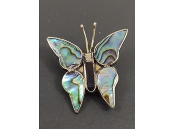 VINTAGE MEXICAN ALPACA SILVER ABALONE & ONYX BUTTERFLY BROOCH