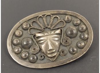 VINTAGE EARLY MEXICAN STERLING SILVER FIGURAL FACE BROOCH