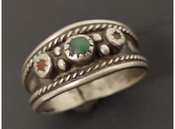 VINTAGE NATIVE AMERICAN STERLING SILVER TURQUOISE CORAL RING
