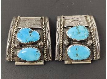 VINTAGE NATIVE AMERICAN STERLING SILVER TURQUOISE WATCH BAND TIPS