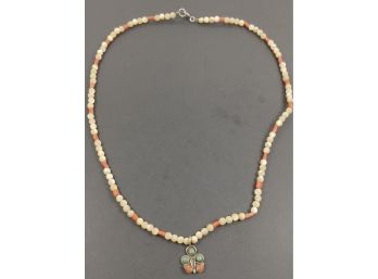 VINTAGE NATIVE AMERICAN STERLING SILVER MOTHER OF PEARL CORAL & TURQUOISE NECKALCE