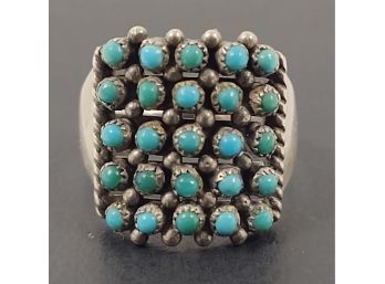 VINTAGE ZUNI NATIVE AMERICAN STERLING SILVER 5 ROWS TURQUOISE RING SIGNED ECL