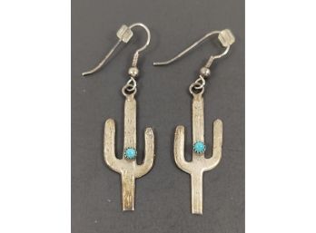 VINTAGE NATIVE AMERICAN STERLING SILVER TURQUOISE CACTUS EARRINGS