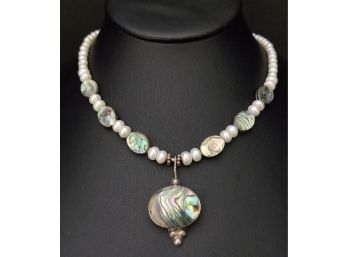 VINTAGE MEXICAN STERLING SILVER ABALONE & PEARL NECKLACE