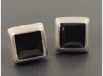 VINTAGE MEXICAN STERLING SILVER ONYX SQUARE EARRINGS