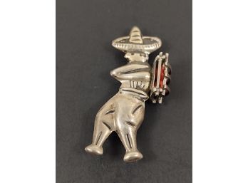 VINTAGE MEXICAN STERLING SILVER MEXICAN MAN WITH SOMBRERO AND BACKPACK WITH CORAL