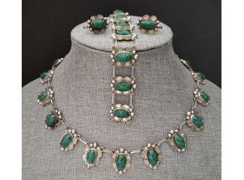 AMAZING VINTAGE MEXICAN STERLING SILVER CARVED GREEN ONYX FACES NECKLACE BRACELET EARRINGS SET