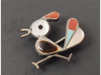 VINTAGE ZUNI NATIVE AMERICAN STERLING SILVER MULTI STONE INLAID ROAD RUNNER PIN