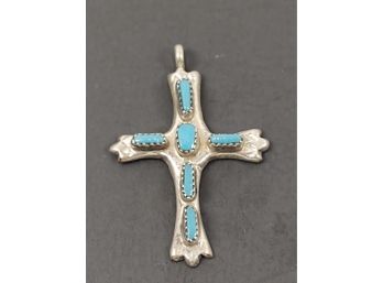 SMALL ZUNI NATIVE AMERICAN STERLING SILVER TURQUOISE CROSS PENDANT