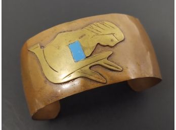 VINTAGE MEXICAN COPPER & BRASS TURQUOISE FIGURAL CUFF BRACELET