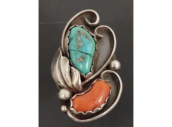VINTAGE NATIVE AMERICAN STERLING SILVER CORAL & TURQUOISE RING 'AS IS'