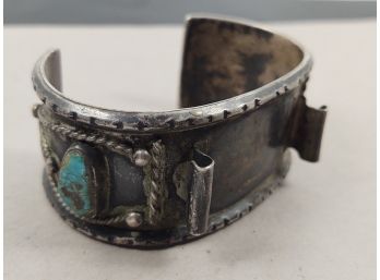 VINTAGE NATIVE AMERICAN HEAVY STERLING SILVER TURQUOISE WATCH HOLDE CUFF BRACELET