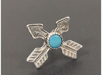 VINTAGE NATIVE AMERICAN STERLING SILVER TURQUOISE CROSSED ARROWS TIE PIN