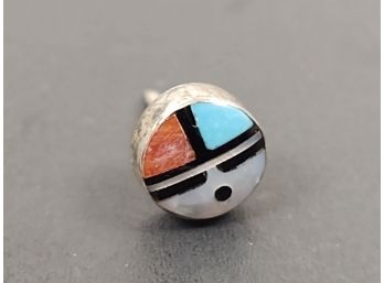 VINTAGE ZUNI NATIVE AMERICAN STERLING SILVER TURQUOISE CORAL MOP SUNFACE TIE PIN