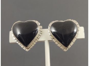 VINTAGE MEXICAN STERLING SILVER ONYX HEARTS CLIP ON EARRINGS