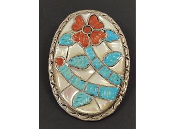 VINTAGE ZUNI NATIVE AMERICAN STERLING SILVER SIGNED MOTHER OF PEARL TURQUOISE & CORAL FLOWER BROOCH