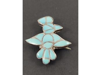 VINTAGE ZUNI NATIVE AMERICAN STERLING SILVER TURQUOISE BIRD PIN / BROOCH