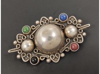 VINTAGE MEXICAN STERLING SILVER MULTI STONE CABOCHON BROOCH