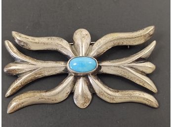 VINTAGE NATIVE AMERICAN SAND CAST STERLING SILVER TURQUOISE BROOCH