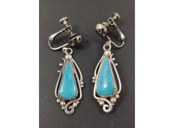 VINTAGE NATIVE AMERICAN STERLING SILVER TURQUOISE EARRINGS SIGNED