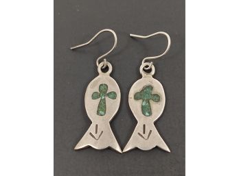VINTAGE NATIVE AMERICAN STERLING SILVER TURQUOISE CROSS SQUASH BLOSSOM PETALS EARRINGS SIGNED