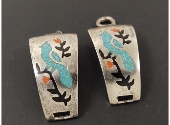 VINTAGE NATIVE AMERICAN STERLING SILVER CRUSHED TURQUOISE ONYX & CORAL BIRD WATCH BAND TIPS