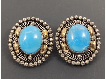 VINTAGE SOUTHWESTERN STERLING SILVER GOLD FILLED TURQUOISE CLIP ON EARRINGS