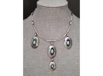 VINTAGE NATIVE AMERICAN STERLING SILVER SHADOW BOX TURQUOISE DROP NECKLACE SIGNED