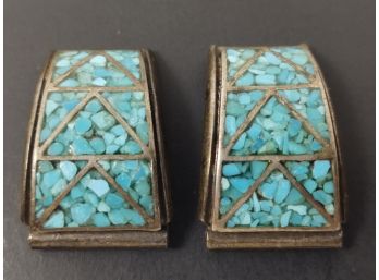 VINTAGE NATIVE AMERICAN STERLING SILVER CRUSHED TURQUOISE WATCH BAND TIPS