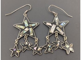 VINTAGE MEXICAN ALPACA SILVER INLAID ONYX & ABALONE DANGLE STAR EARRINGS