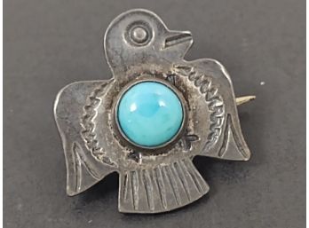 VINTAGE NATIVE AMERICAN STERLING SILVER TURQUOISE THUNDERBIRD PIN / BROOCH