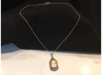 Vintage Sterling Silver Cameo Necklace White Tan