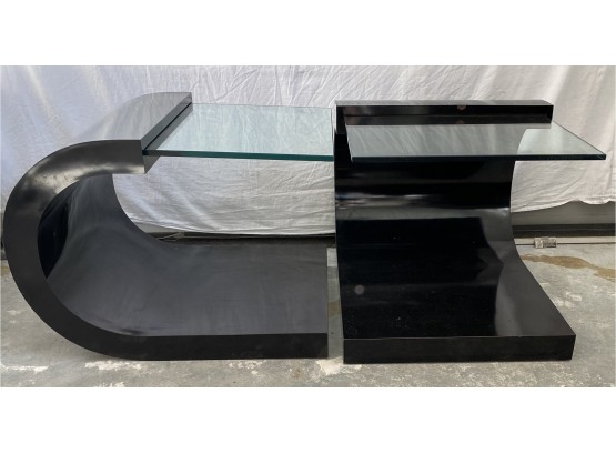 Pair Of Interesting Scrolled Black Laminate And Glass Side Tables
