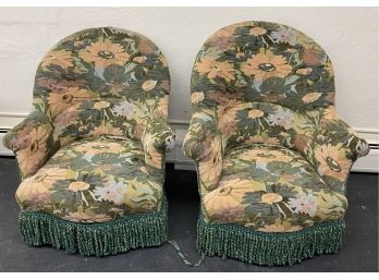 Pair Of Floral Print Club Chairs With Fringe